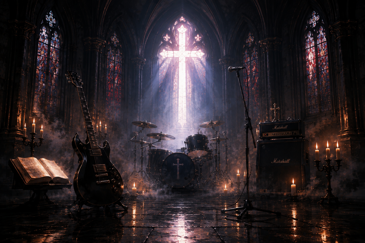 Gothic Hymn Metalの祈りと重厚なサウンドを表す、教会堂の楽器と光